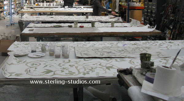 hand painted wallpaper in the workshop