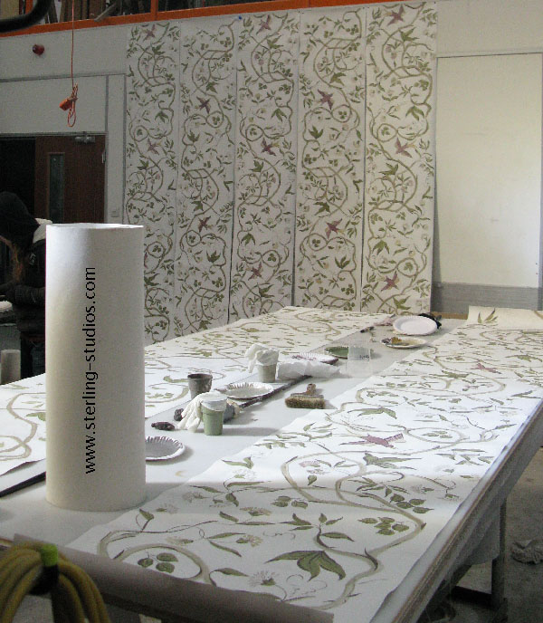 handpainted wallpaper in the workshop
